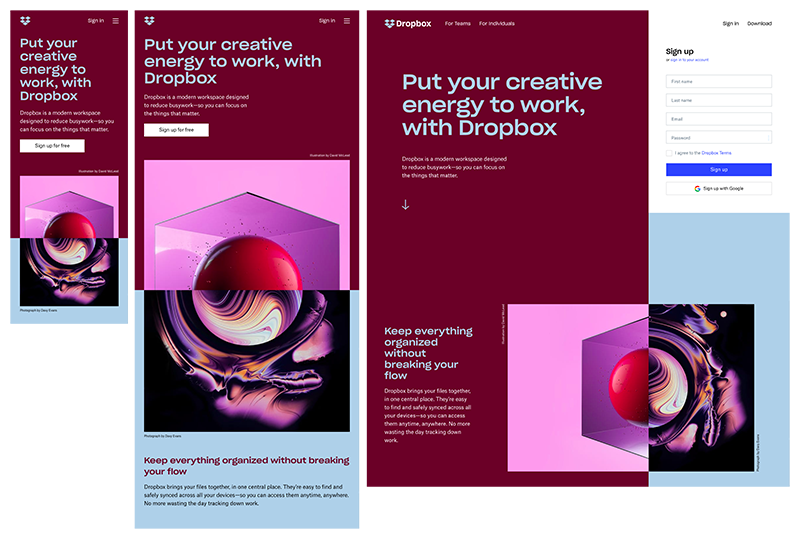 ตัวอย่างการออกแบบที่ตอบสนองและปรับเปลี่ยนได้ Dropbox
