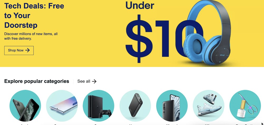 eBay presenta un banner que le permite permanecer en el sitio web y comprar más