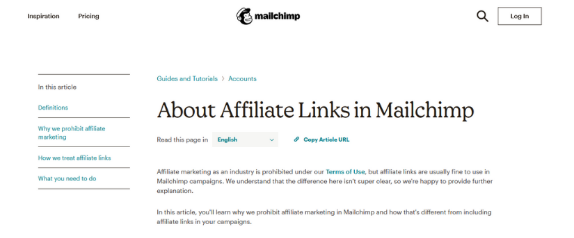 guide des liens d'affiliation mailchimp