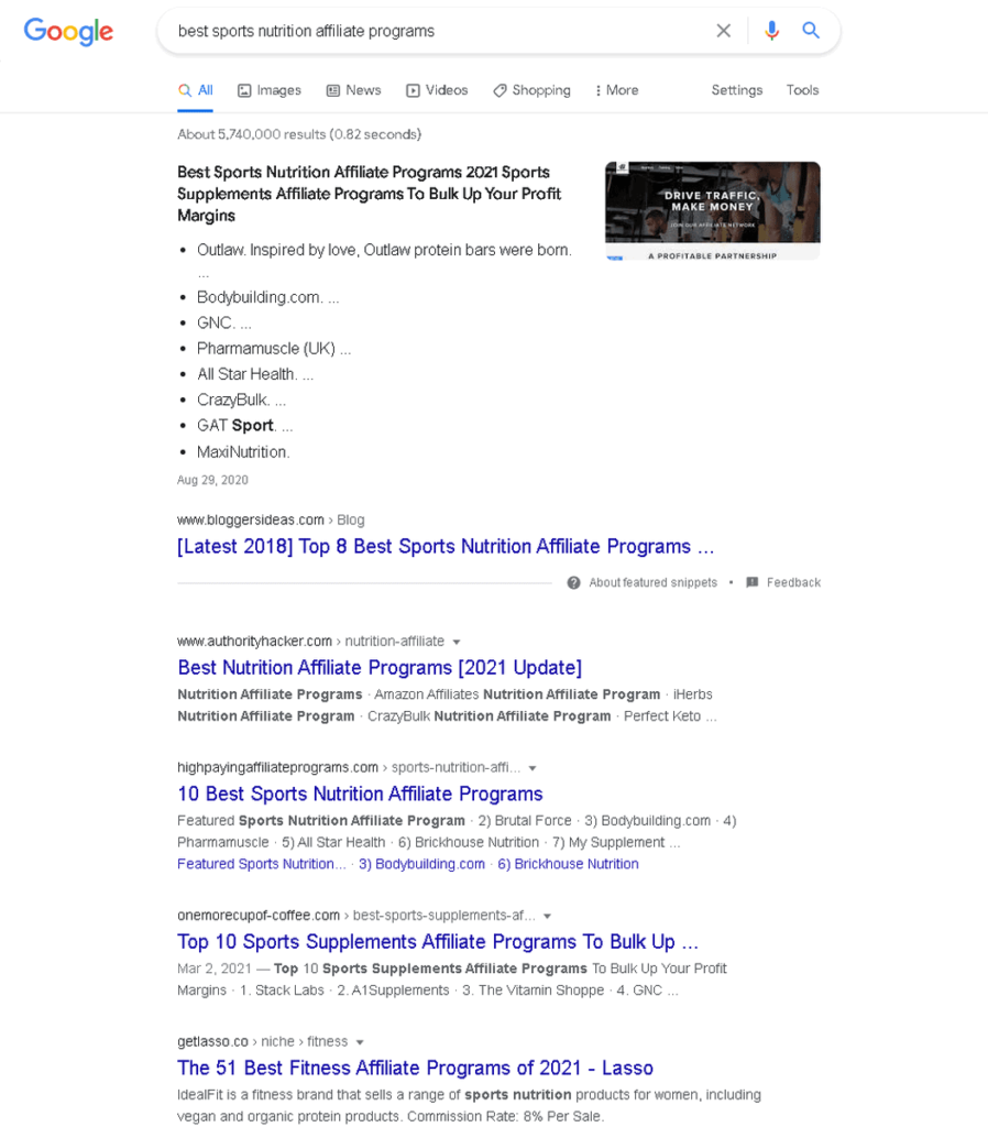 Listas de los mejores programas de afiliados de nutrición deportiva de Google