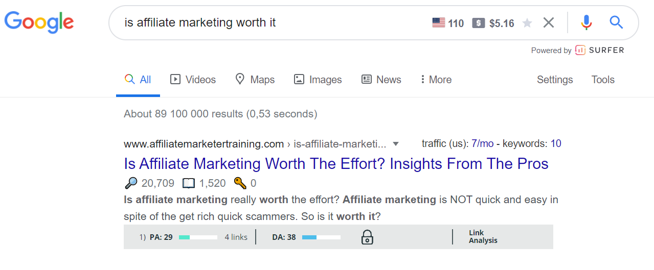 Google-Suchergebnisse für "Ist Affiliate-Marketing sinnvoll"