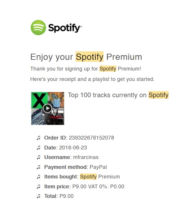 Contoh email setelah pendaftaran Spotify