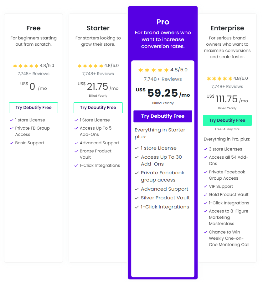 Debutifyの価格ページ