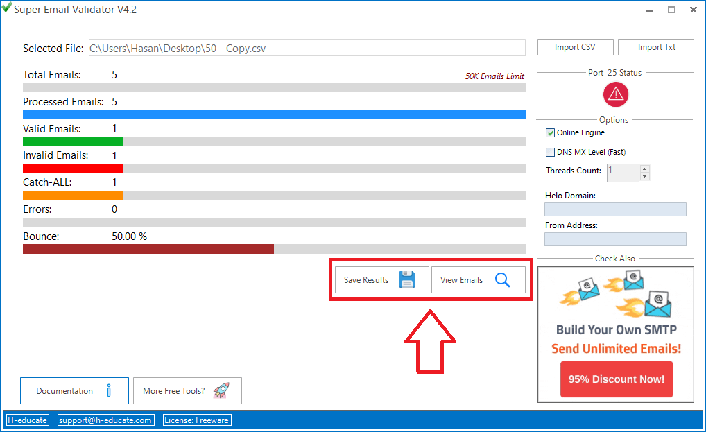 résultats du super validateur d'e-mails