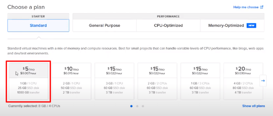 Choisissez une machine à 5 dollars dans digitalocean