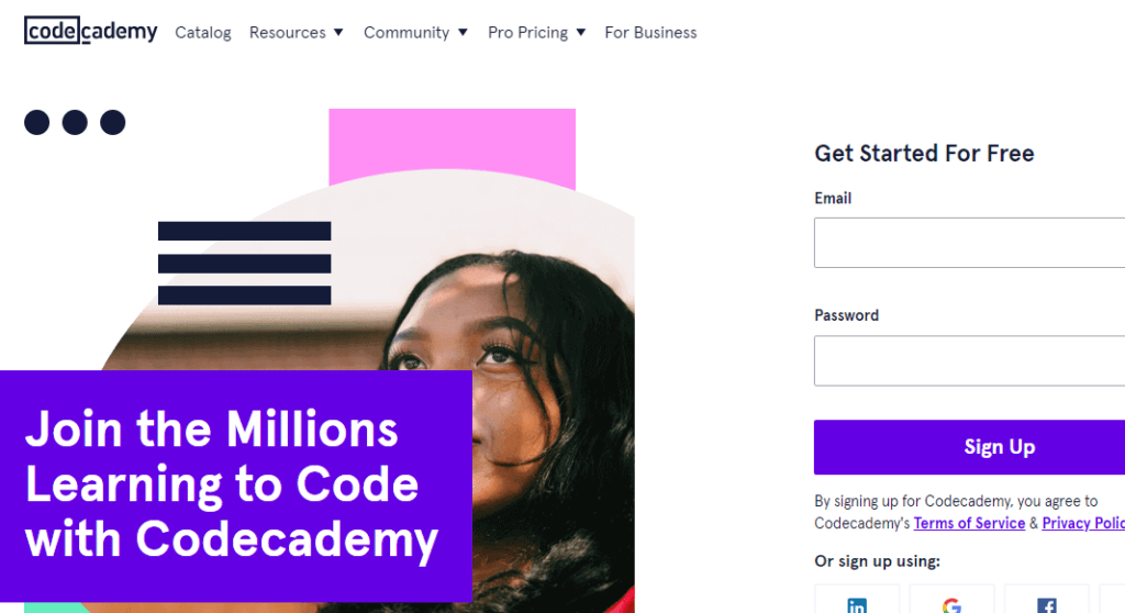 codecademy açılış sayfası