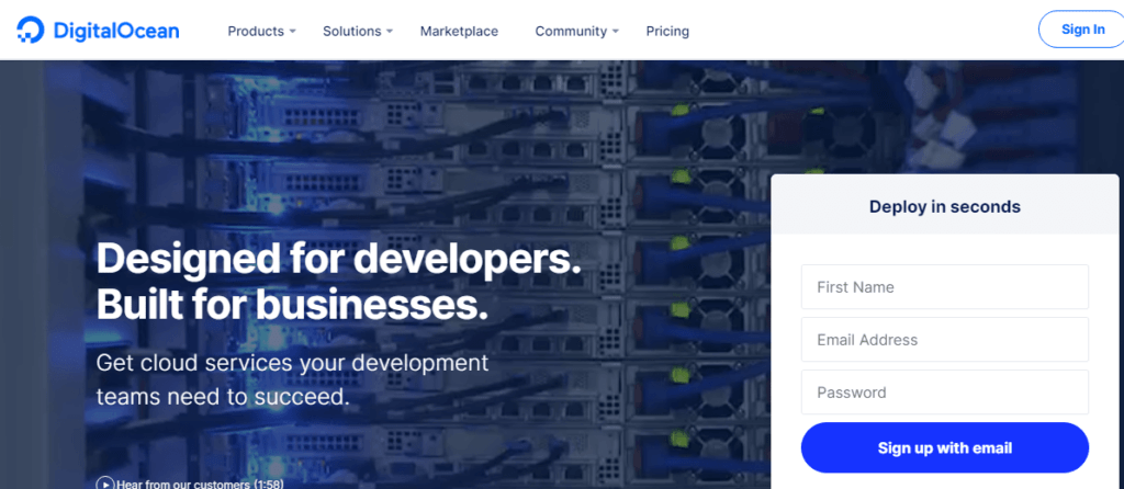 digitalocean açılış sayfası