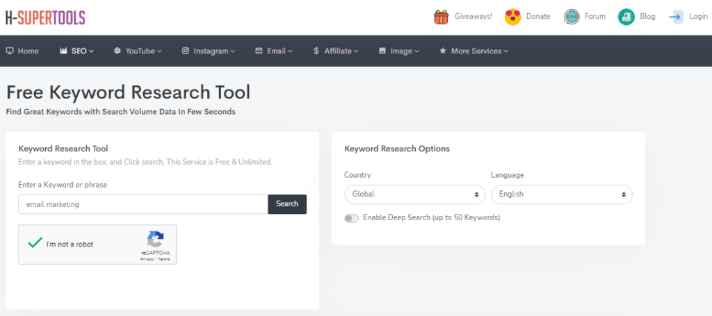 Ferramenta gratuita de pesquisa de palavras-chave H-Supertools