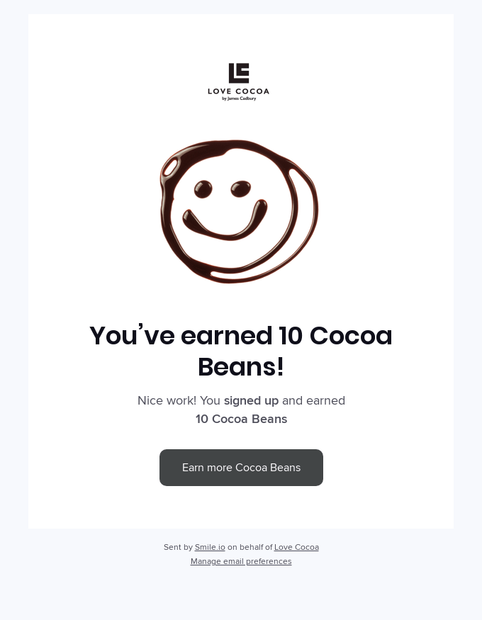 Con affetto, e-mail di ricompensa per la fedeltà dei clienti Cocoa