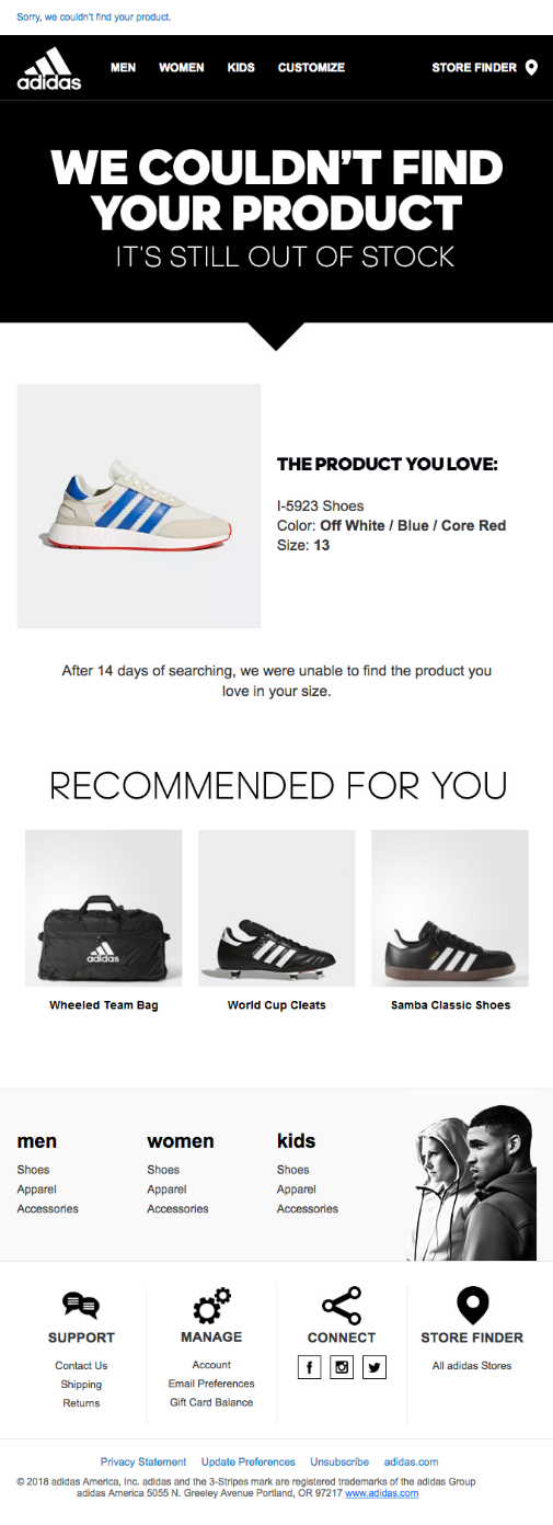 Avviso e-mail di Adidas esaurito