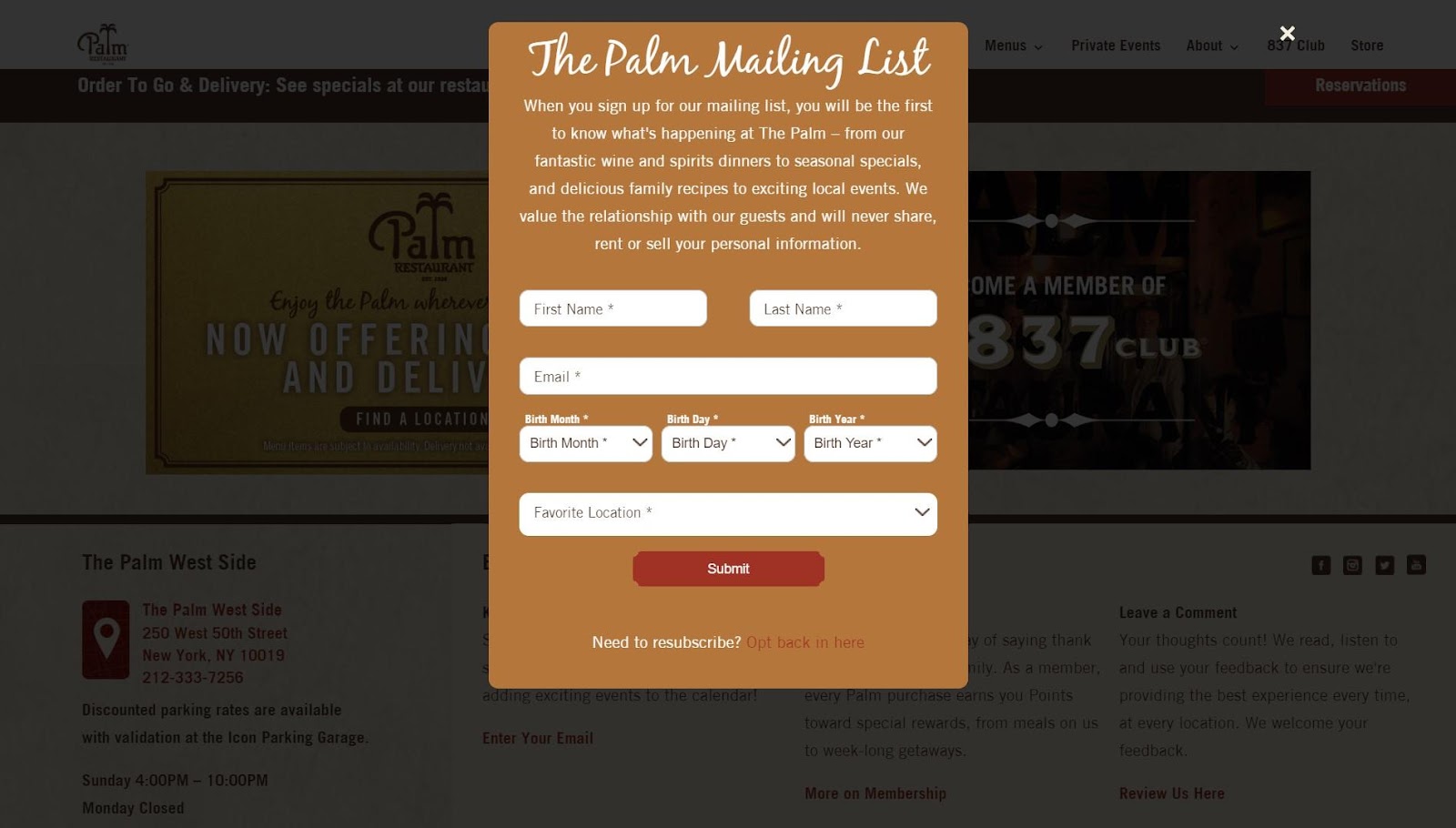 Il pop-up dal sito Web di Palm Restaurant: lo sfondo ha una sovrapposizione scura per nascondere il sito Web.