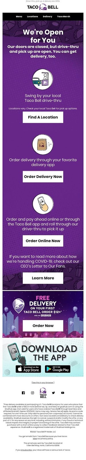 L'e-mail di coerenza del marchio di Taco Bell presenta il logo, i colori e il carattere familiari.