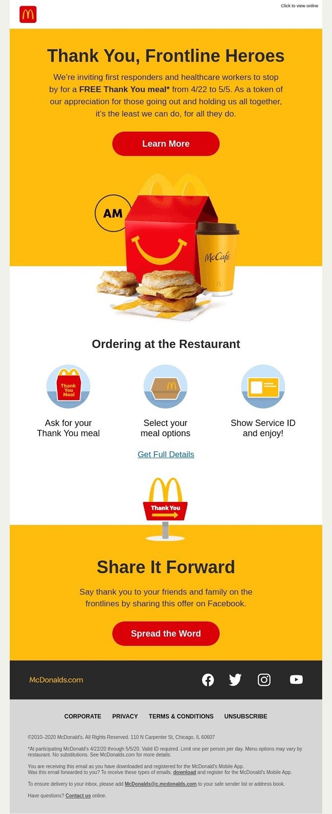 La campagna e-mail di McDonald's ringrazia i lavoratori in prima linea e rimane fedele al suo marchio con messaggi coerenti di archi dorati.