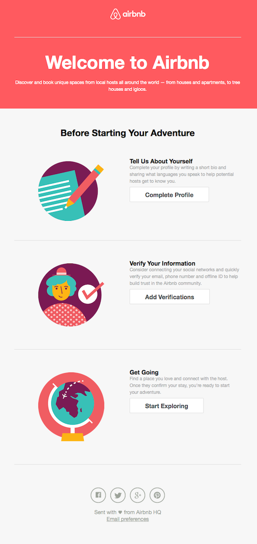 airbnb-welcome-email-example - Airbnb'nin otomatik karşılama e-postası, aboneleri platforma katılmaya teşvik eder.
