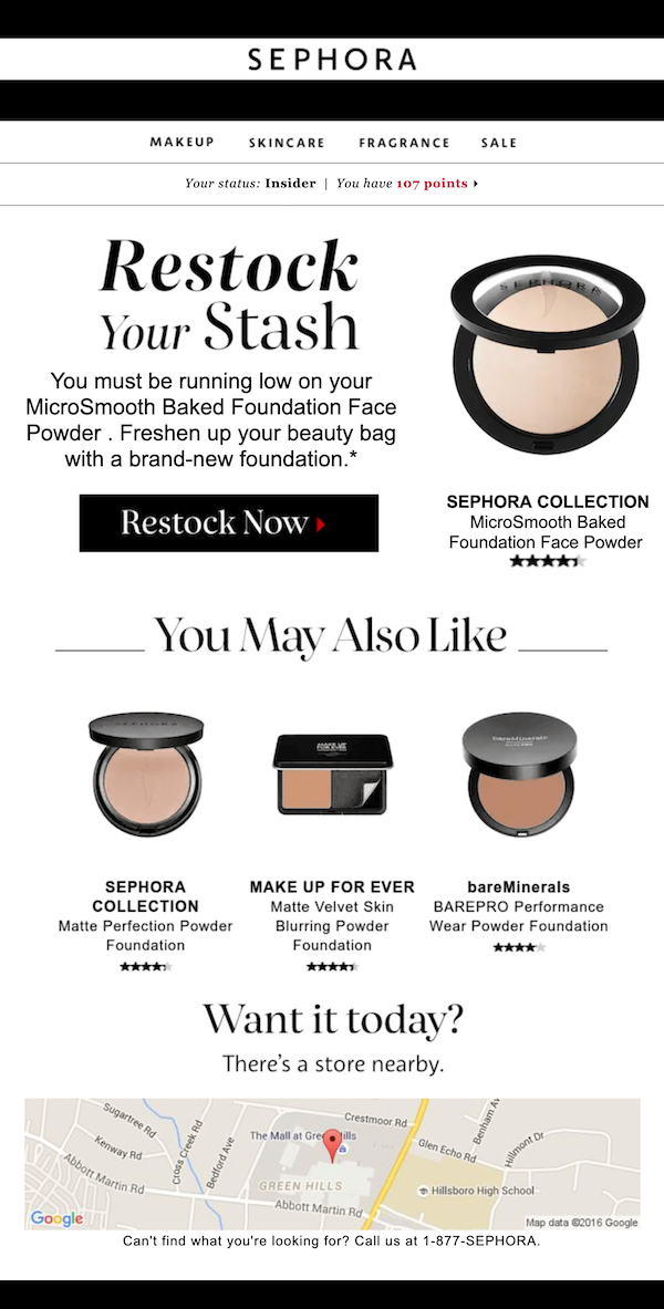 sephora-collection-newsletter：Sephora 会发送一封“restock your stash”电子邮件，在个人层面连接他们的品牌。