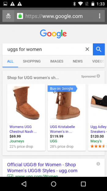 Google에서 구매 시 판매되는 Uggs의 스크린샷