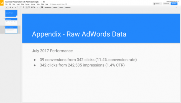 ppc 보고용 Google 슬라이드용 애드워즈 스크립트