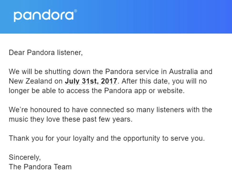 Pandora 이메일 스크린샷