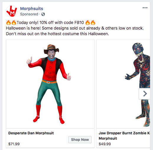 morphsuits 페이스북 광고 스크린샷