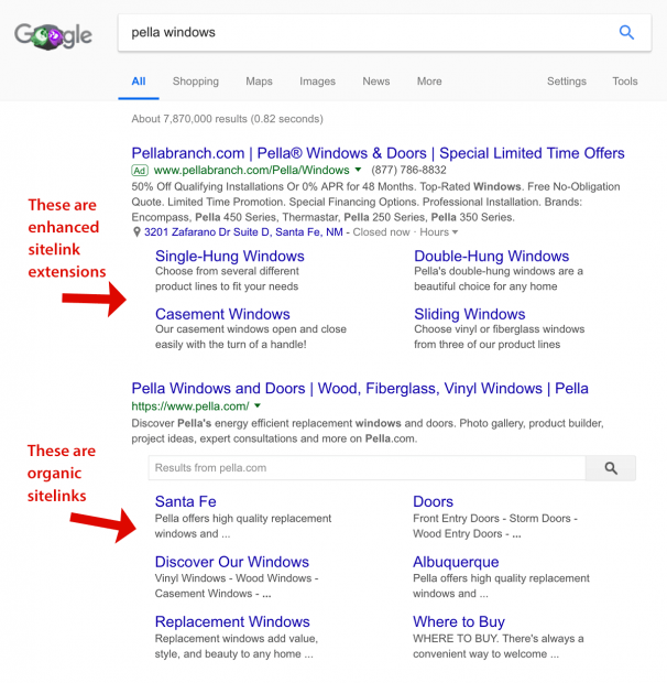 Organische Sitelinks im Vergleich zu Google Ads-Sitelinks