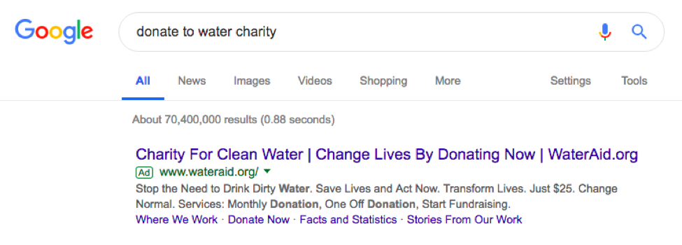 esempio di google serp wateraid