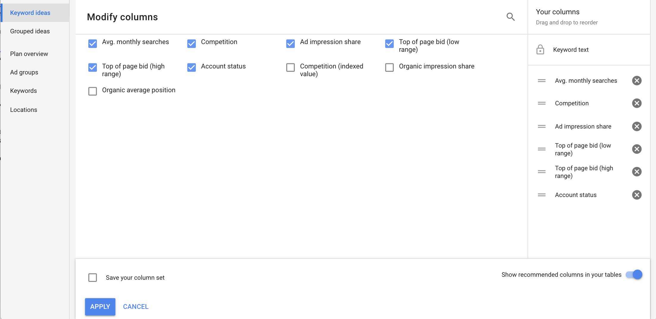 แก้ไขคอลัมน์ในเครื่องมือวางแผนคำหลักของ Google Ads