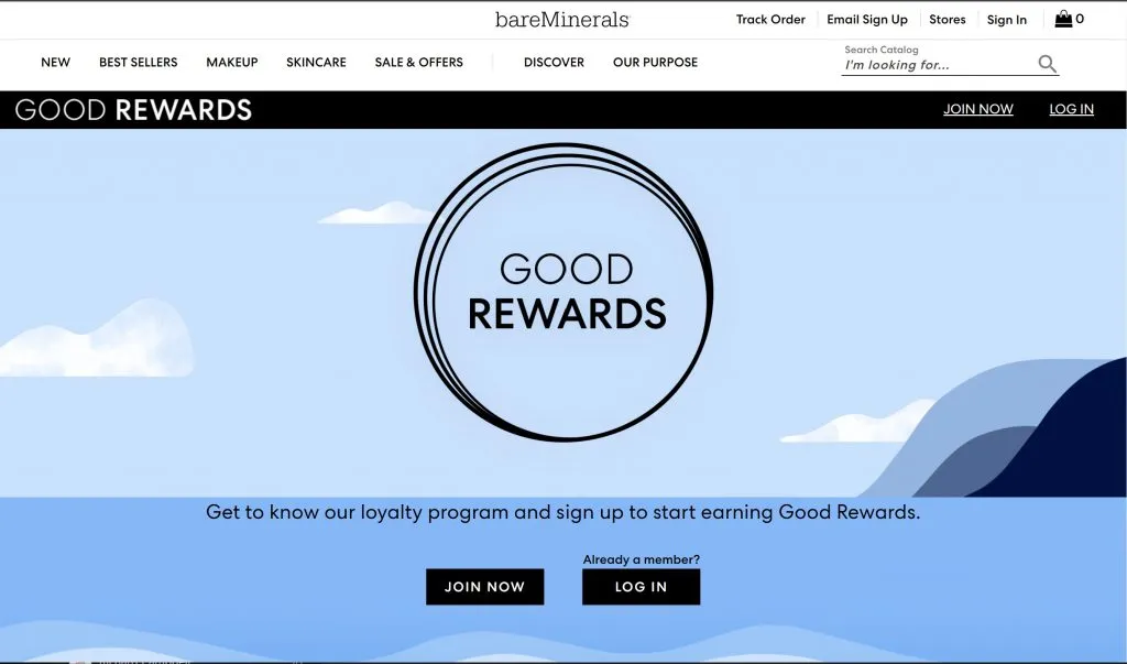 สกรีนช็อตของโปรแกรมรางวัลดีๆ ของ bareMinerals ภาพประกอบของมหาสมุทรที่มีคำว่า Good Rewards ในวงกลมสีดำ