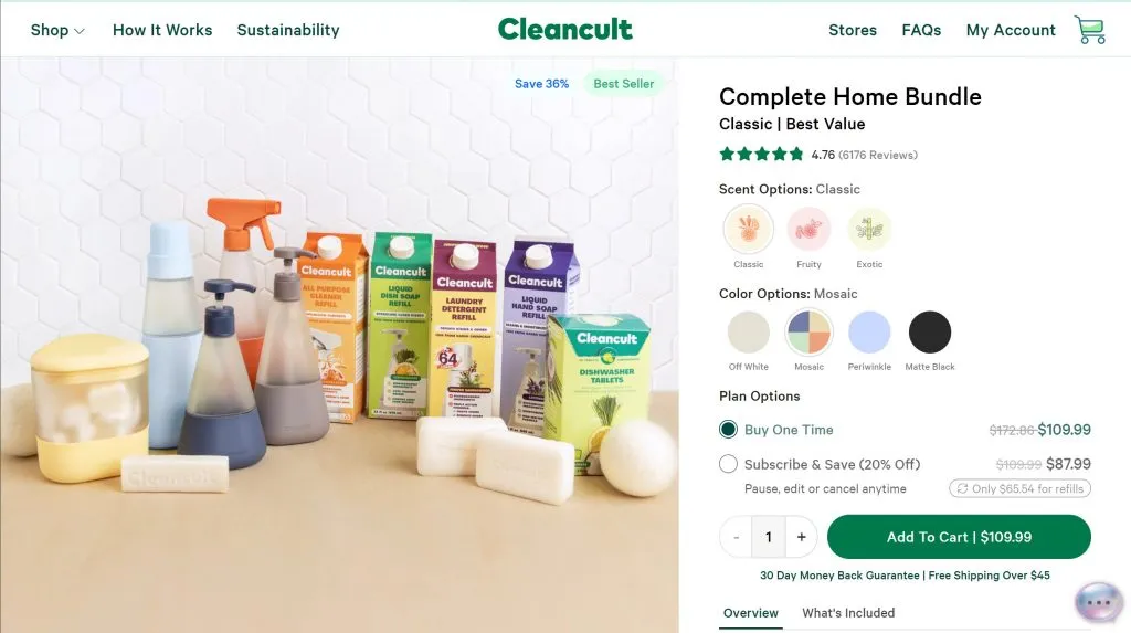 來自其電子商務網站的 Cleancult 完整家庭捆綁包的屏幕截圖。噴霧瓶和紙容器，如洗衣皂和洗手液等清潔產品。