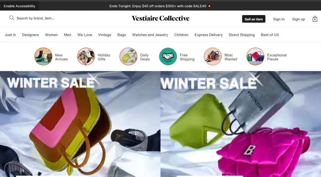 Vestiaire Collective 主页截图。