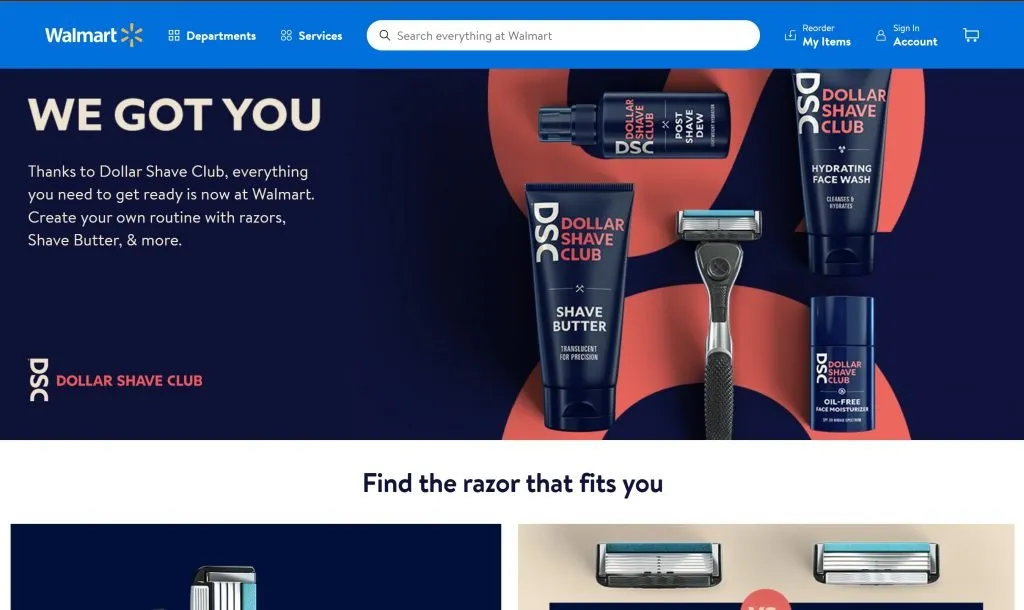 Скриншот бритв Dollar Shave Club компании DTC на walmart.com