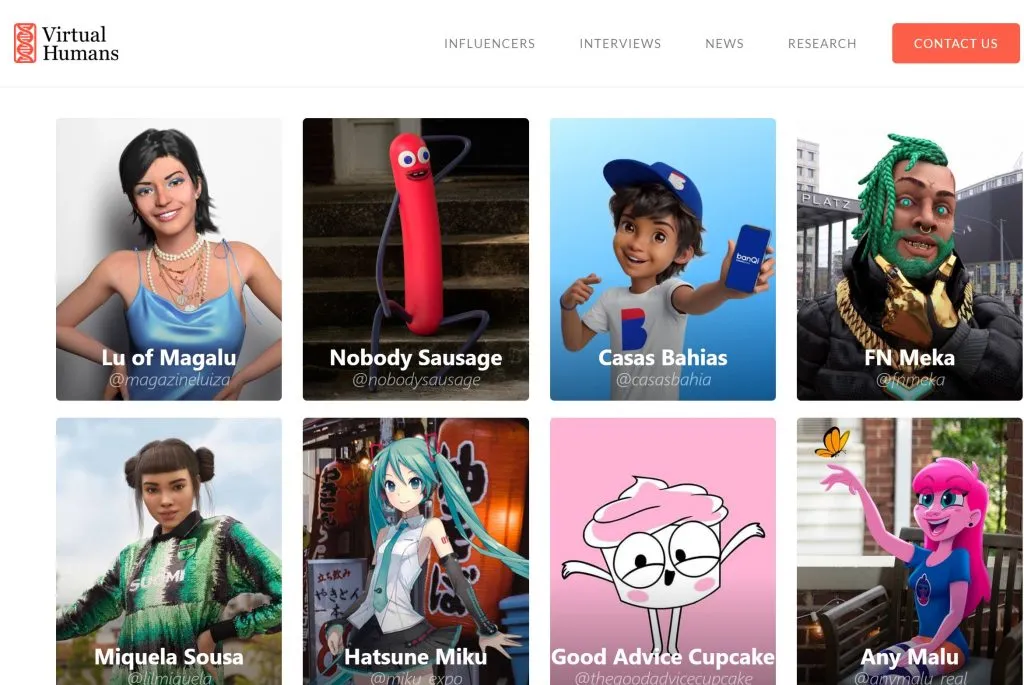 虛擬影響者創建者 virtualhumans.org 的屏幕截圖
