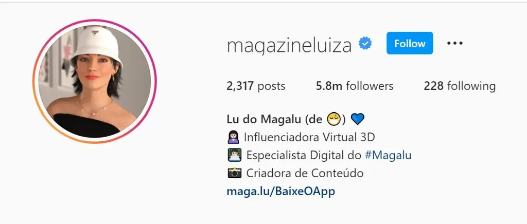 Capture d'écran du compte Instagram de l'influenceur virtuel Lu de Magalu