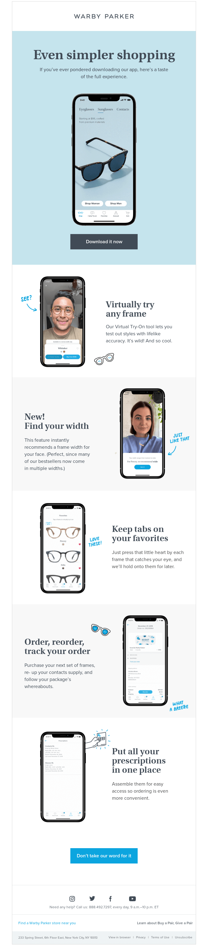 Email di Warby Parker che dimostra il valore del download della propria app mobile.