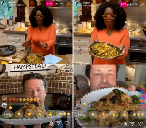 Două capturi de ecran cu Oprah și Jaime Oliver gătind paste împreună pe Instagram live. Reacțiile spectatorilor de susținere sunt vizibile.