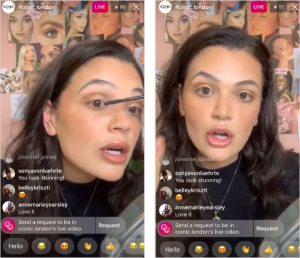 Două capturi de ecran cu o femeie făcând un tutorial de machiaj pe Instagram live pentru utilizatorul @iconic.london. Comentariile și reacțiile spectatorilor de susținere sunt vizibile.