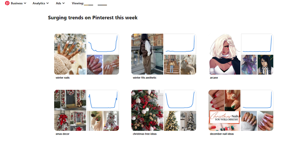 capture d'écran des tendances en hausse sur Pinterest