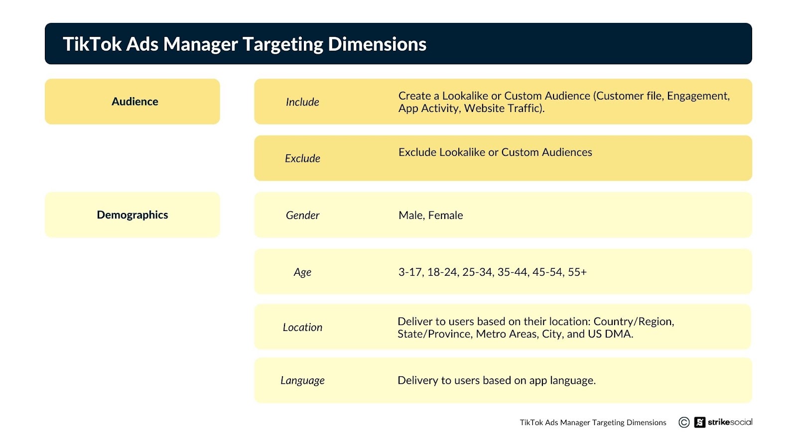 Dimensões de segmentação do TikTok Ads Manager