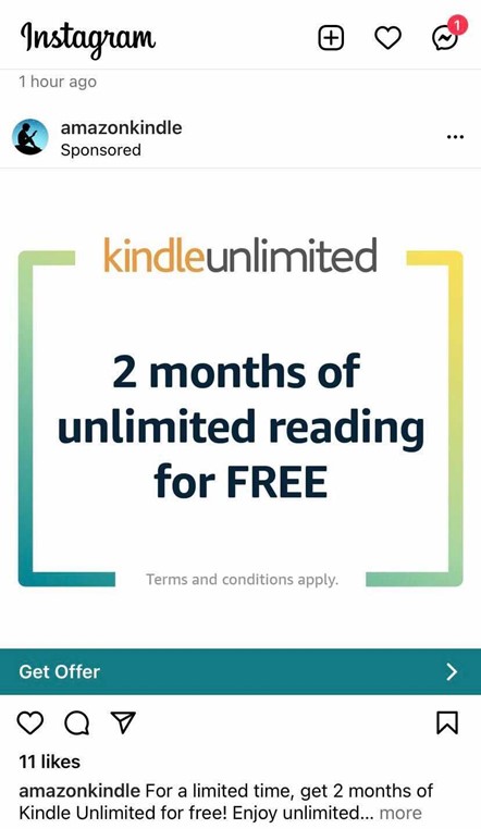 Kindle Instagram Ad anuncia dois meses de leitura ilimitada gratuitamente com kindleunlimited