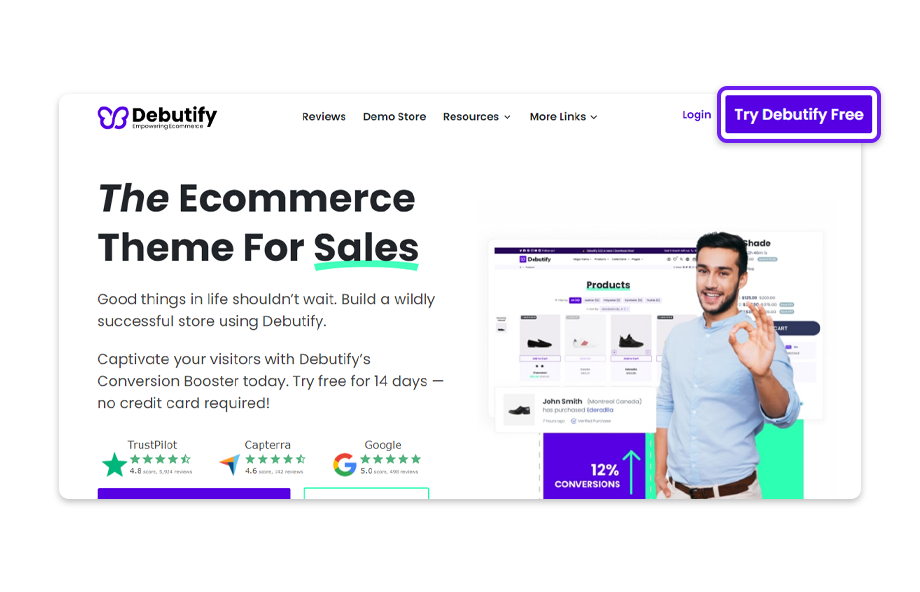 Accesați site-ul web Debutify și faceți clic pe Încercați Debutify gratuit