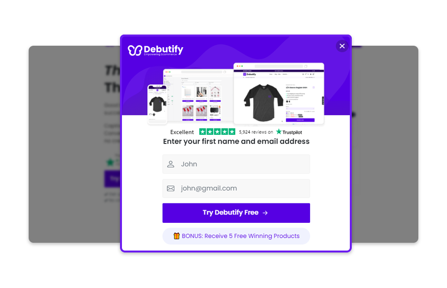 Compila le caselle. Inserisci il tuo nome e indirizzo email. Quindi fare clic sul pulsante Prova Debutify gratuitamente