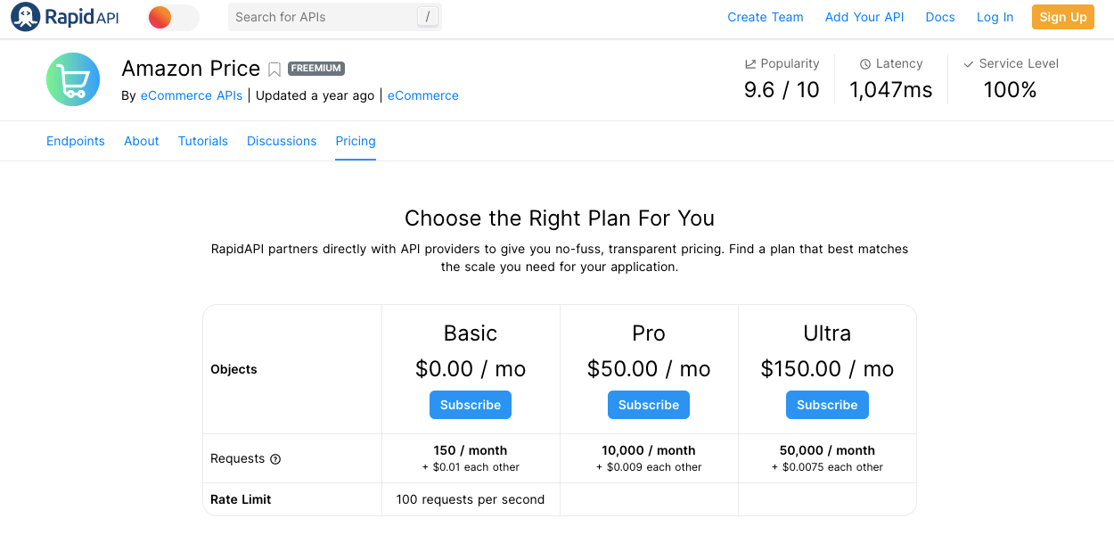 Amazon Fiyatlandırma API'si için RapidAPI Planları