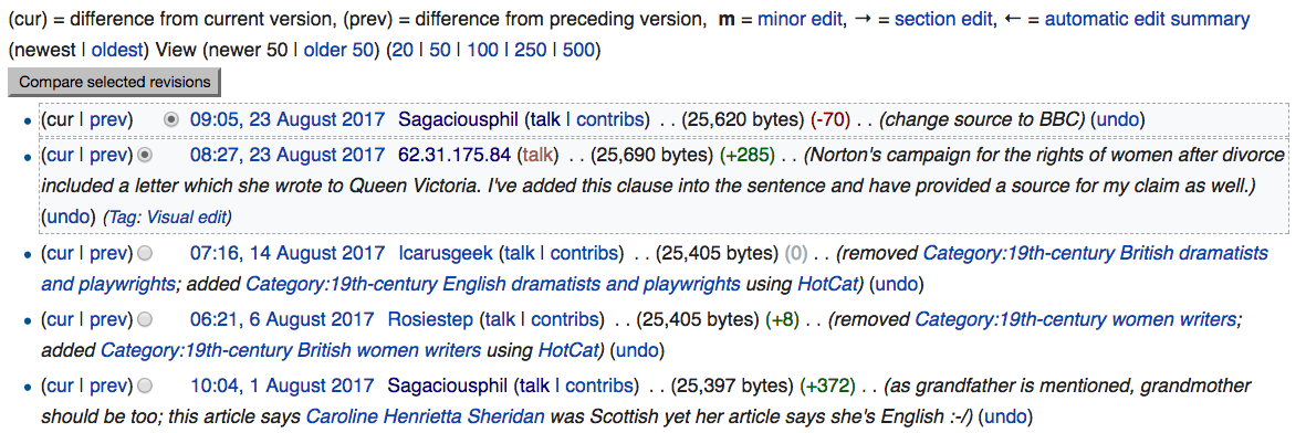 Ausschnitt aus dem Vergleich von Revisionen in Wikipedia