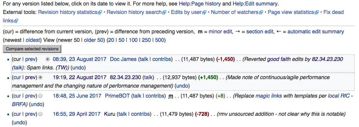 Ausschnitt aus Wikipedia-Revisionen