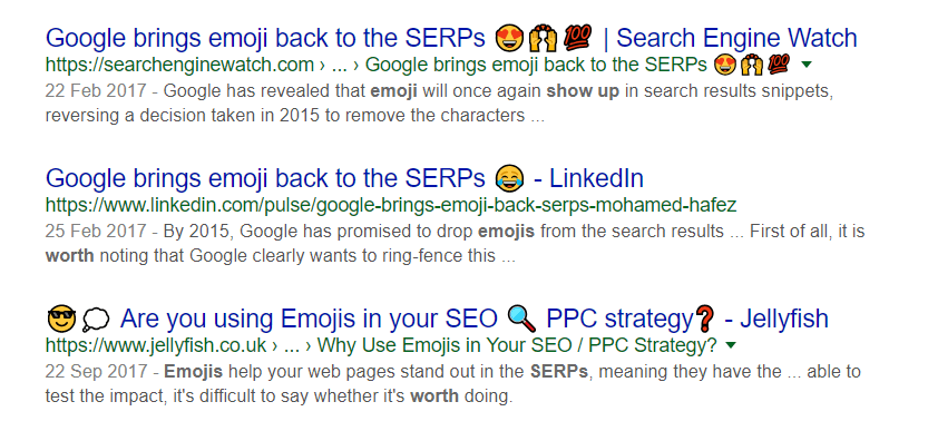 Przykład emotikonów używanych na stronach wyników wyszukiwania Google