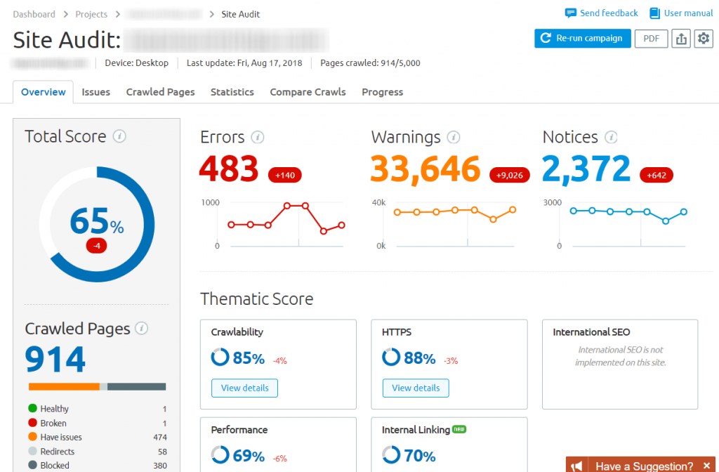 Beispiel für das Site-Audit-Tool von SEMrush