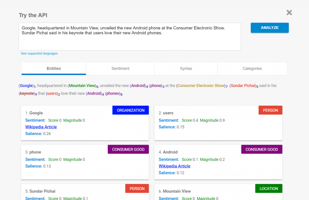 Beispiel für die Natural Language API von Google