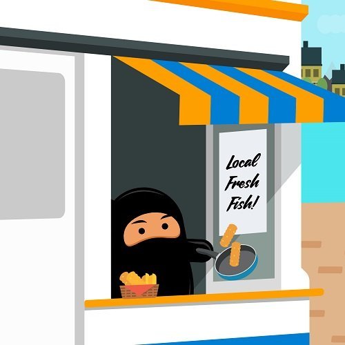 Graphic of a cartoon ninja selling fresh fish