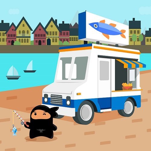 Graphic of a Ninja fishing in front of a van