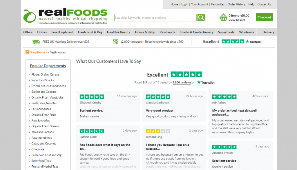 Real Foods Testimonial Page Screenshot