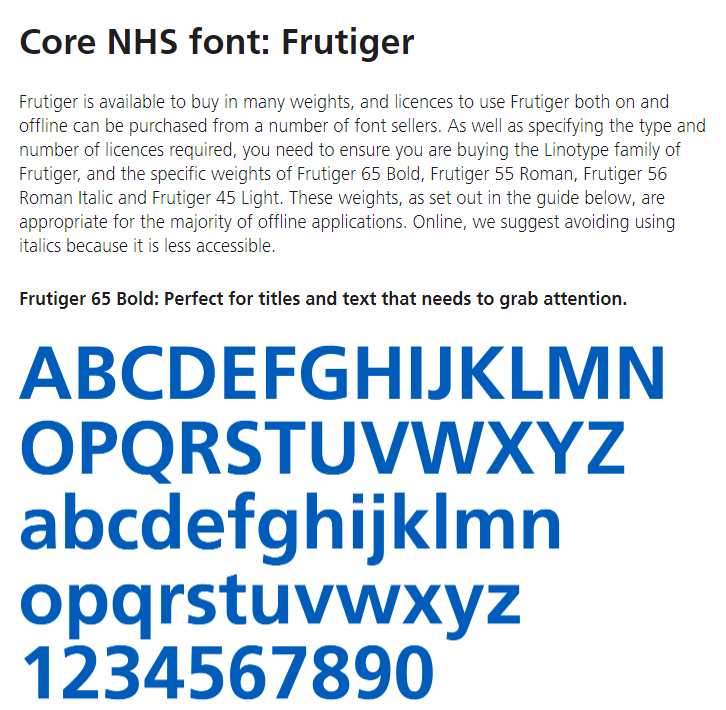 Screenshot of the NHS' typography guidelines.